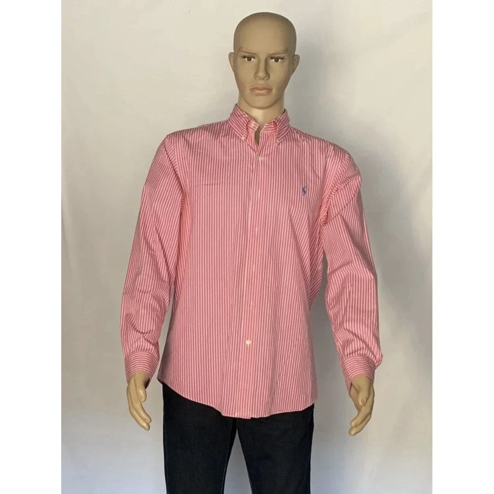 Ralph Lauren Shirt Boys Button Down XL (18-20) Pink White Striped Blue Pony Logo